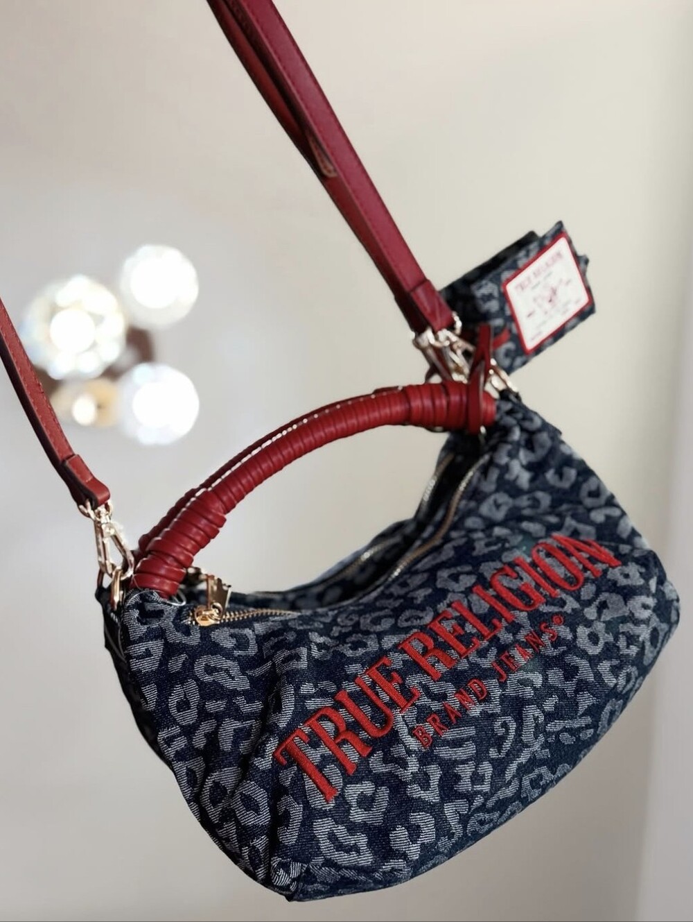 True Religion Denim Leopard-Print Shoulder Bag with Red Accents